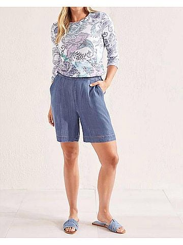 Tribal Pull On Flowy Shorts in Denim (view 2)