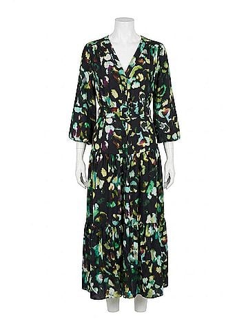 Joseph Ribkoff Abstract Camo Belted A-Line Midi Dress in Black/Multi (view 1)
