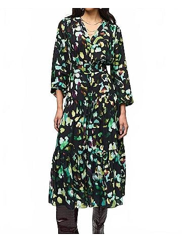 Joseph Ribkoff Abstract Camo Belted A-Line Midi Dress in Black/Multi (view 2)