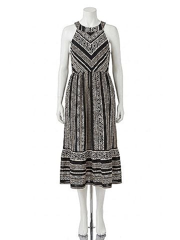 Tribal Linen Halter Neck Tiered Midi Dress in Black (view 1)