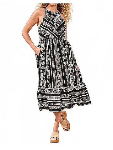 Tribal Linen Halter Neck Tiered Midi Dress in Black (view 2)