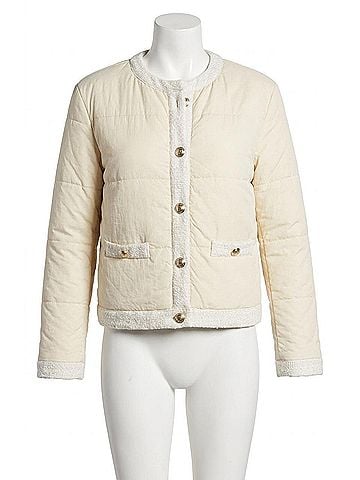 Steve Madden Coppelia Tweed-Trim Puffer Jacket in Cream Tan (view 1)