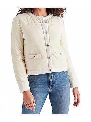 Steve Madden Coppelia Tweed-Trim Puffer Jacket in Cream Tan (view 2)