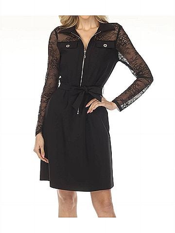 Joseph Ribkoff Floral Lace Sleeve Belted Shirt Mini Dress in Black (view 2)