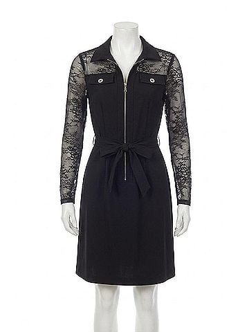 Joseph Ribkoff Floral Lace Sleeve Belted Shirt Mini Dress in Black (view 1)
