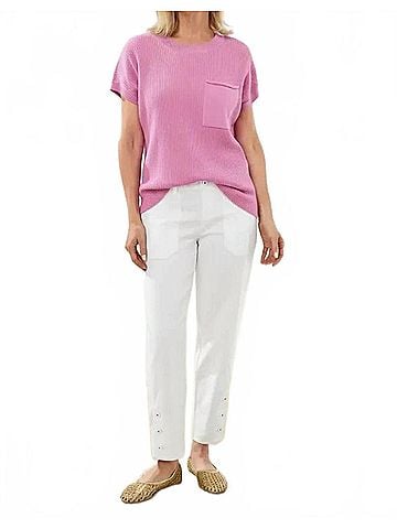 Tribal Dolman Short Sleeve Ribbed Knit Top in Wisterio (view 2)