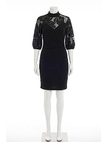 Joseph Ribkoff Appliqué Sheer Yoke Bodycon Dress in Black/Rose Gold (view 1)