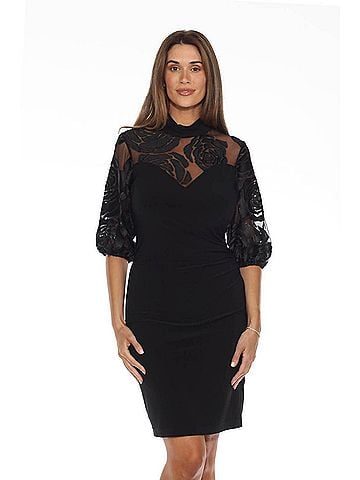 Joseph Ribkoff Appliqué Sheer Yoke Bodycon Dress in Black/Rose Gold (view 2)