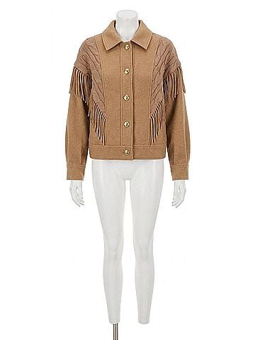 Tribal Fringe-Shoulder Button-Front Knit Jacket in Biscotti (view 1)