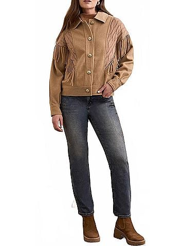 Tribal Fringe-Shoulder Button-Front Knit Jacket in Biscotti (view 2)