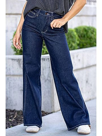 Judy Blue Women's High Waist Tummy Control Retro Wide Leg Dark Denim Jean in Midnight Dark (view 2)