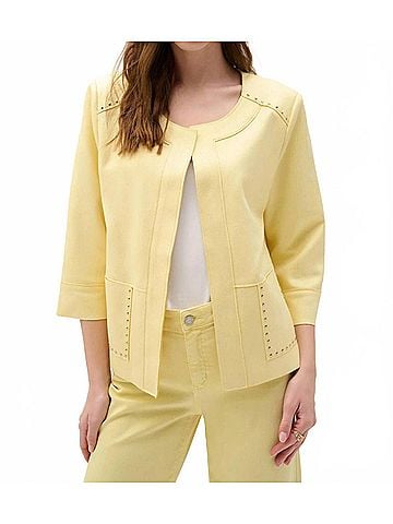 Joseph Ribkoff Studded Open Front Boxy Faux Suede Jacket in Mellow Yellow (view 2)