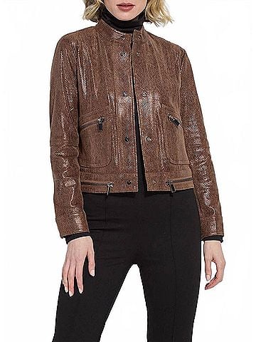 Lyssé Porter Foil Vegan Suede Moto Jacket in Robust Brown Snake (view 2)