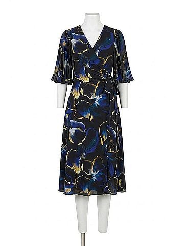 Joseph Ribkoff Floral Print Chiffon Midi Fit &amp; Flare Dress in Black/Multi (view 1)