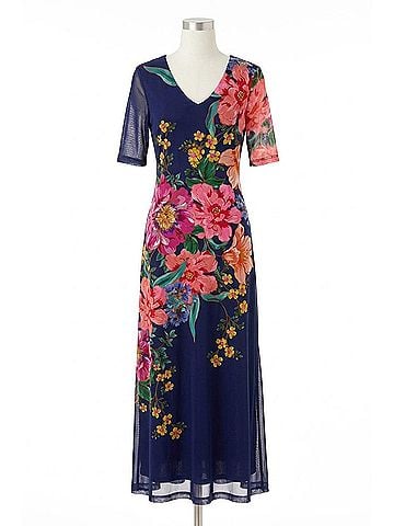 Johnny Was Elbow Sleeve V-Neck Mesh Midi Dress in Celiora Navy (view 1)