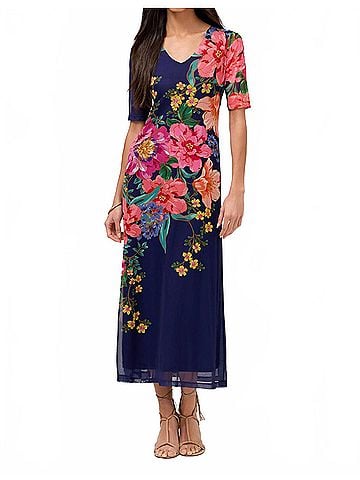Johnny Was Elbow Sleeve V-Neck Mesh Midi Dress in Celiora Navy (view 2)