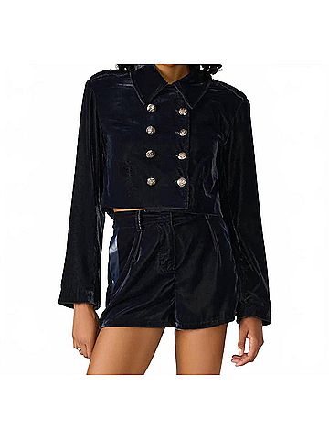 Steve Madden Tonia Velvet Crop Double Breasted Jacket in Blue (view 2)