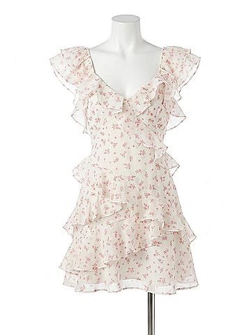 MIOU MUSE Libby Ruffle Mini Dress in Ivory And Pink Floral (view 1)