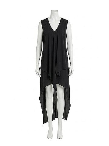 Joseph Ribkoff Pleated V-Neck Asymmetric Hi-Low Dress in Black (view 1)