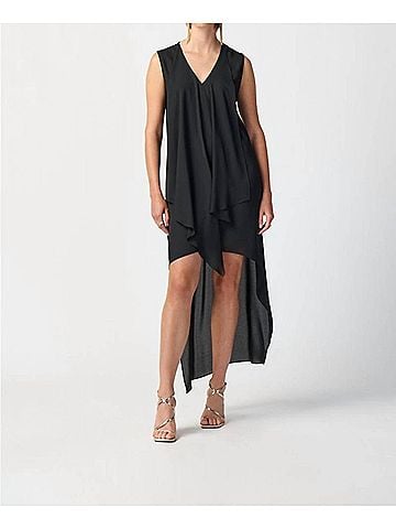 Joseph Ribkoff Pleated V-Neck Asymmetric Hi-Low Dress in Black (view 2)