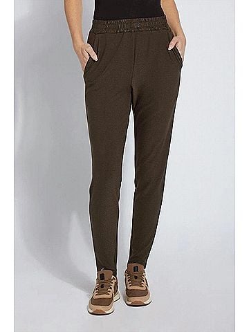 Lyssé Women's Autumnal Gathered Waist Pant in Deep Olive (view 2)