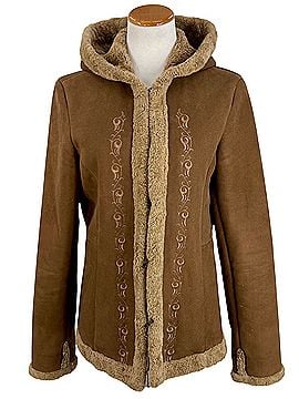 Esprit Vintage 90s Brown Faux Suede Sherpa Lined Embroidered Hooded Coat Y2K Grunge Boho Penny Lane Afghan Faux Fur Jacket (view 1)