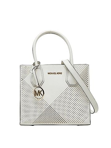 Michael Kors Michael Kors MERCER Perforated Shopper Tote Handbag Shoulder Bag 2-way 35T4GM9M2Y White Leather Women's (view 1)