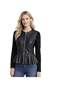 Rebecca Taylor Lambskin Leather Tweed Knit Biker Peplum Jacket Blazer (view 1)