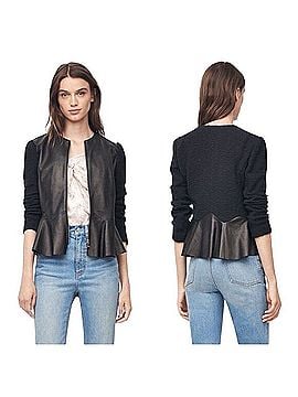 Rebecca Taylor Lambskin Leather Tweed Knit Biker Peplum Jacket Blazer (view 2)