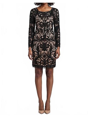 Sue Wong Women's Sleeve Floral Embroidered Mesh Dress in Black (view 2)