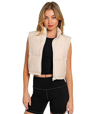 Entro Cropped Puffer Zip Up Vest in Sand (view 2)