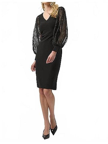 Joseph Ribkoff V-Neckline Long Mesh Puff Sleeves Sheath Dress in Black (view 2)