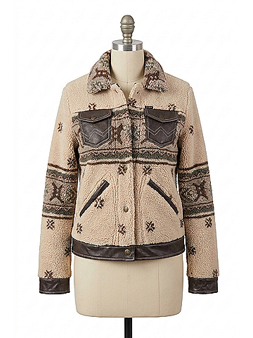 Wrangler Jeans Co Print Crop Faux-Shearling Jacket in Beige (view 1)