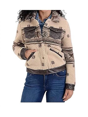 Wrangler Jeans Co Print Crop Faux-Shearling Jacket in Beige (view 2)