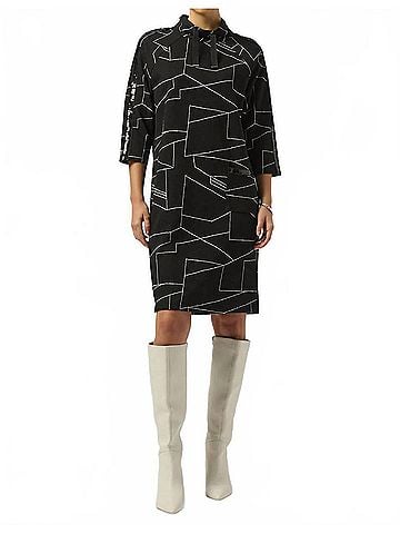 Joseph Ribkoff Abstract Print 3/4 Sleeve Turtle Neck Straight Dress in Black/Off-White (view 2)