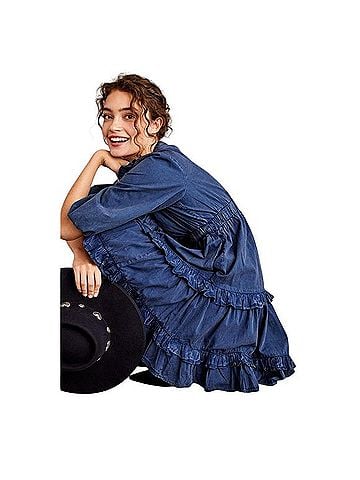 Anthropologie Pilcro Ruffled V-Neck Denim Dress Casual Dress (view 2)