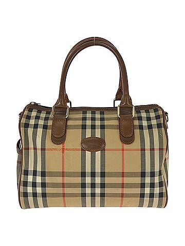Burberry BURBERRY Vintage Check Pattern Beige Brown Gold Hardware Canvas Leather Handbag Mini Boston Bag for Women (view 1)
