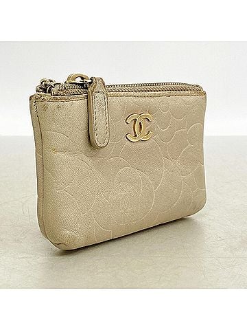 Chanel Chanel wallet/coin case, Camellia design, lambskin, beige, women's. (view 2)