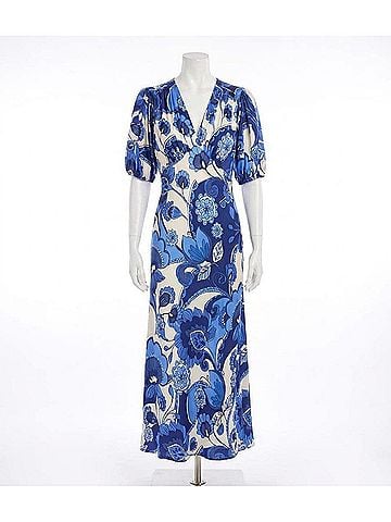 Karen Kane Puff Sleeve Bias Dress in Print Blue (view 1)