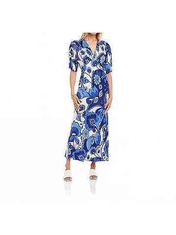 Karen Kane Puff Sleeve Bias Dress in Print Blue (view 2)