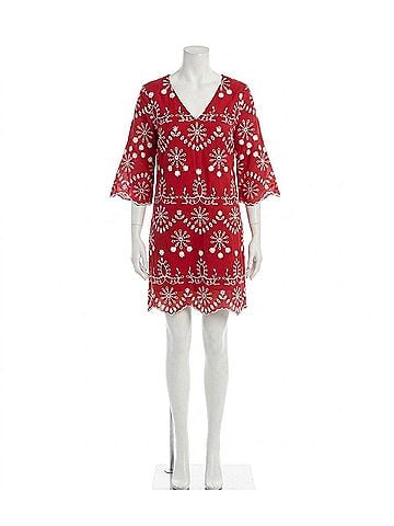 Karen Kane Flare Sleeve Embroidered Dress in Red With Off White (view 1)