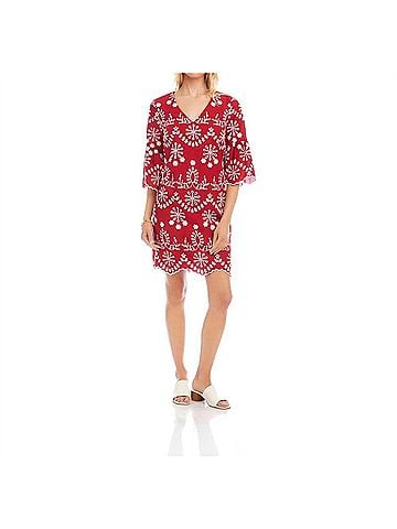 Karen Kane Flare Sleeve Embroidered Dress in Red With Off White (view 2)