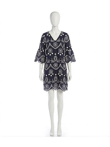 Karen Kane Flare Sleeve Embroidered Mini Dress in Navy With Off White (view 1)