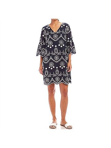 Karen Kane Flare Sleeve Embroidered Mini Dress in Navy With Off White (view 2)