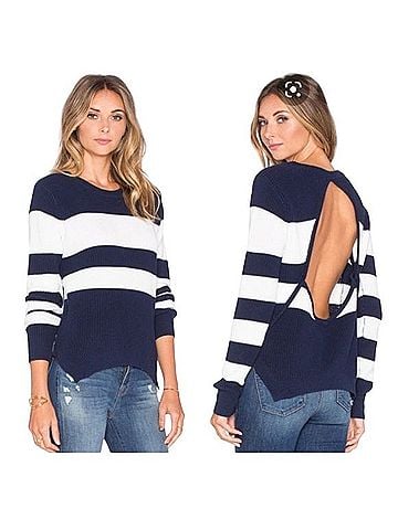 Lovers + Friends Open Back Black &amp; White Striped Sweater Casual Sweaters (view 1)