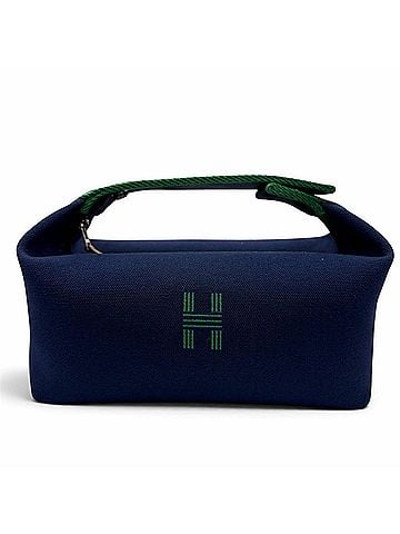 Hermès HERMES Bride à Black PM Cotton Pouch Handbag with Silver Hardware, H Logo, Navy, Made in France, Women's. (view 1)