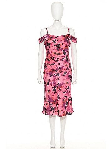 Joseph Ribkoff Floral Cold Shoulder Satin Midi Dress in Black/Multi (view 1)
