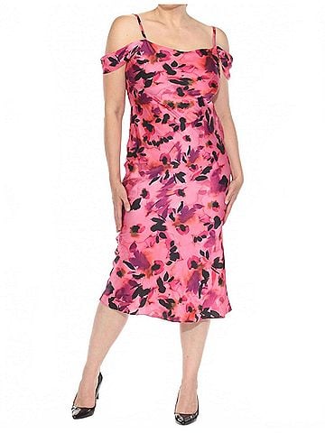 Joseph Ribkoff Floral Cold Shoulder Satin Midi Dress in Black/Multi (view 2)
