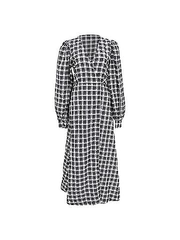 Ganni Ganni Seersucker Check Wrap Midi Dress in Black Cotton (view 1)