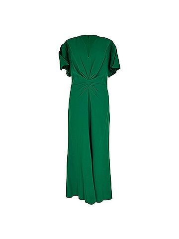 Victoria Beckham Victoria Beckham Gathered Midi Dress in Green Wool (view 1)